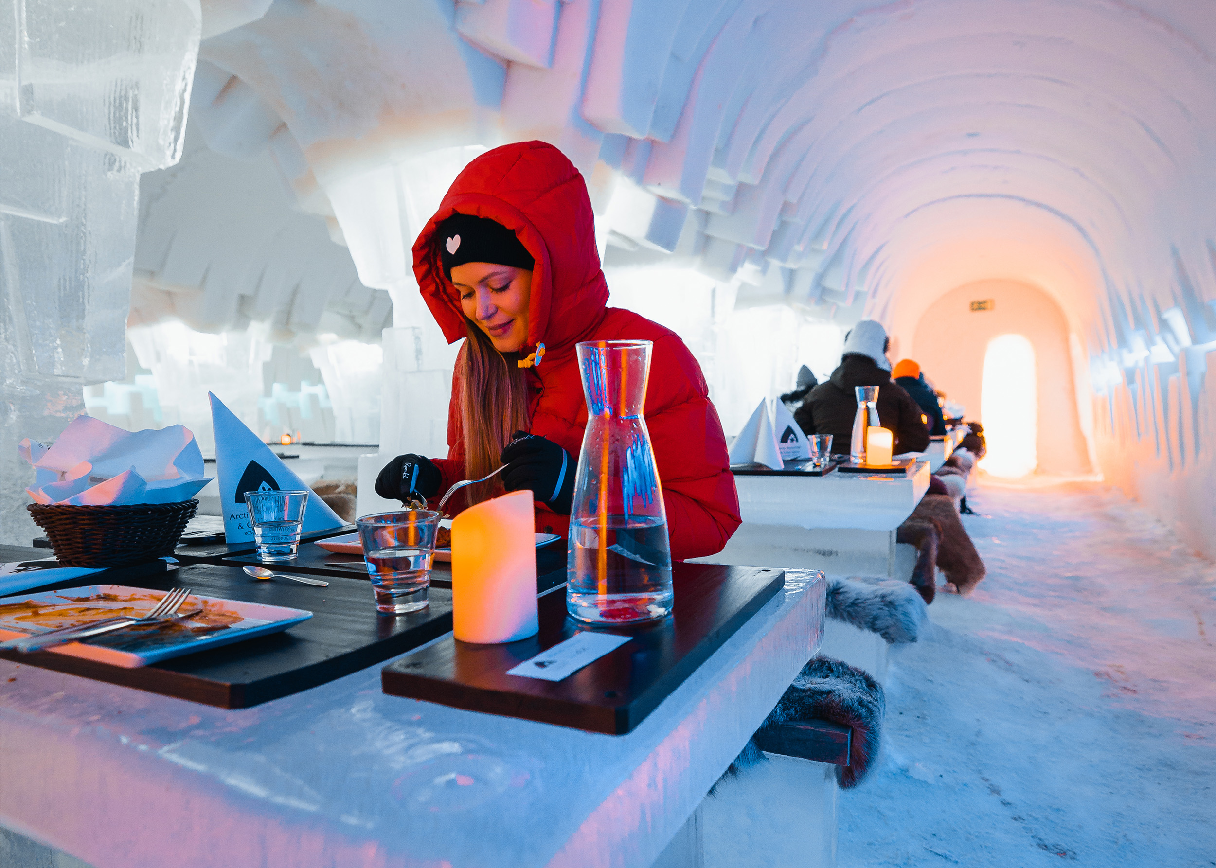 A woman having a dinner in the Ice Restaurant