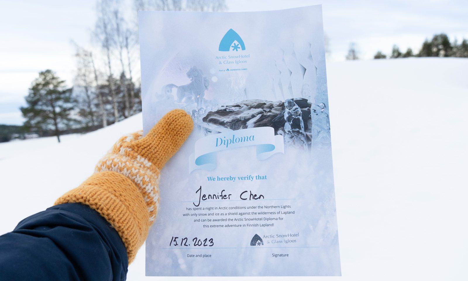 Lumi- ja jäähotellin diplomi yöpymisestä