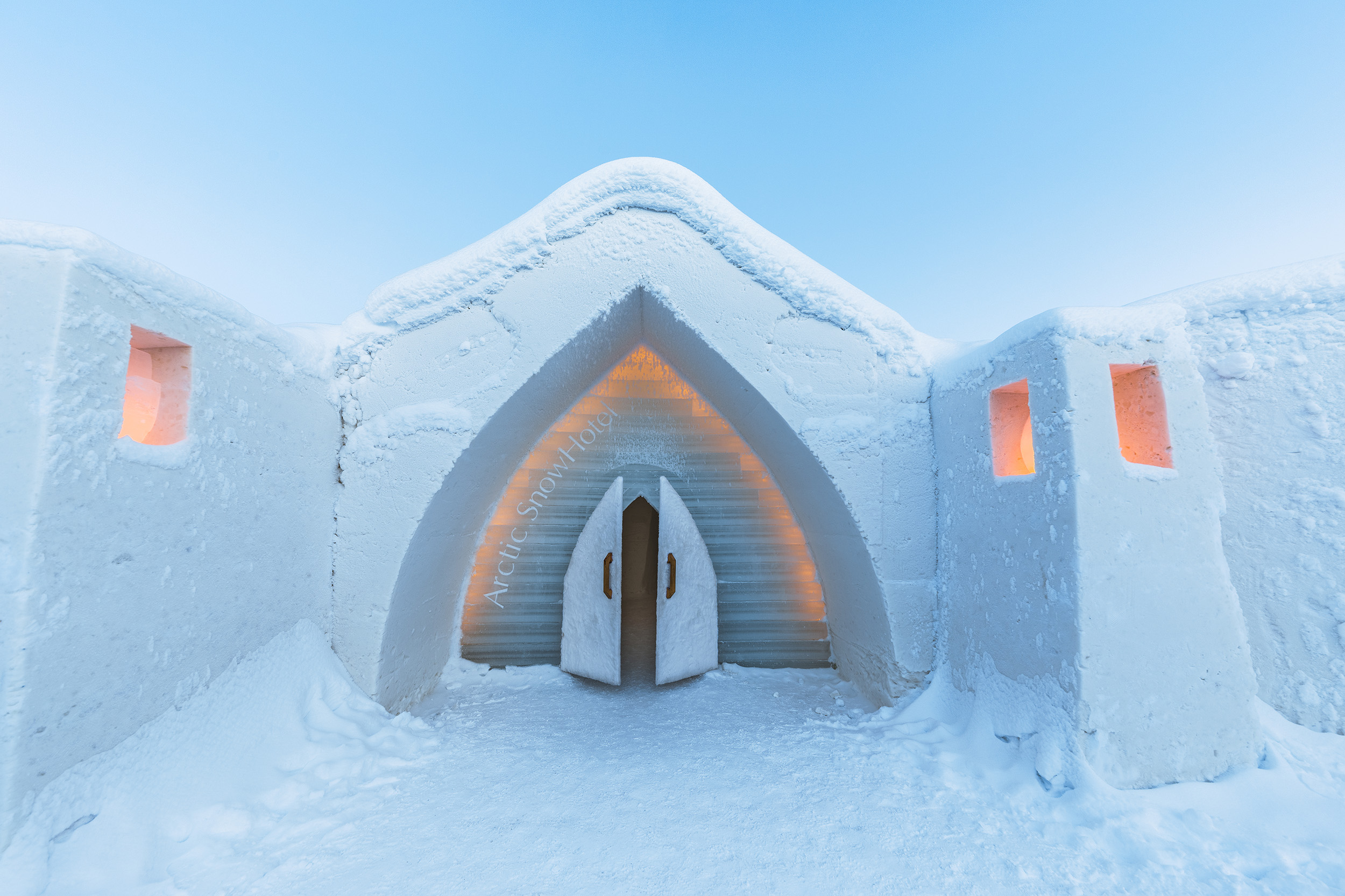 Snow and Ice Hotel entrance made of snow