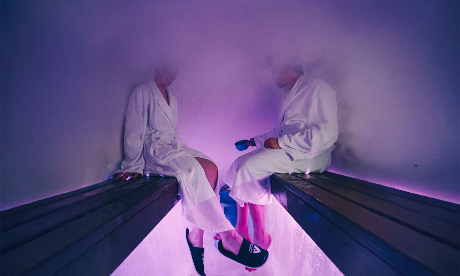 Two people in the Snow sauna