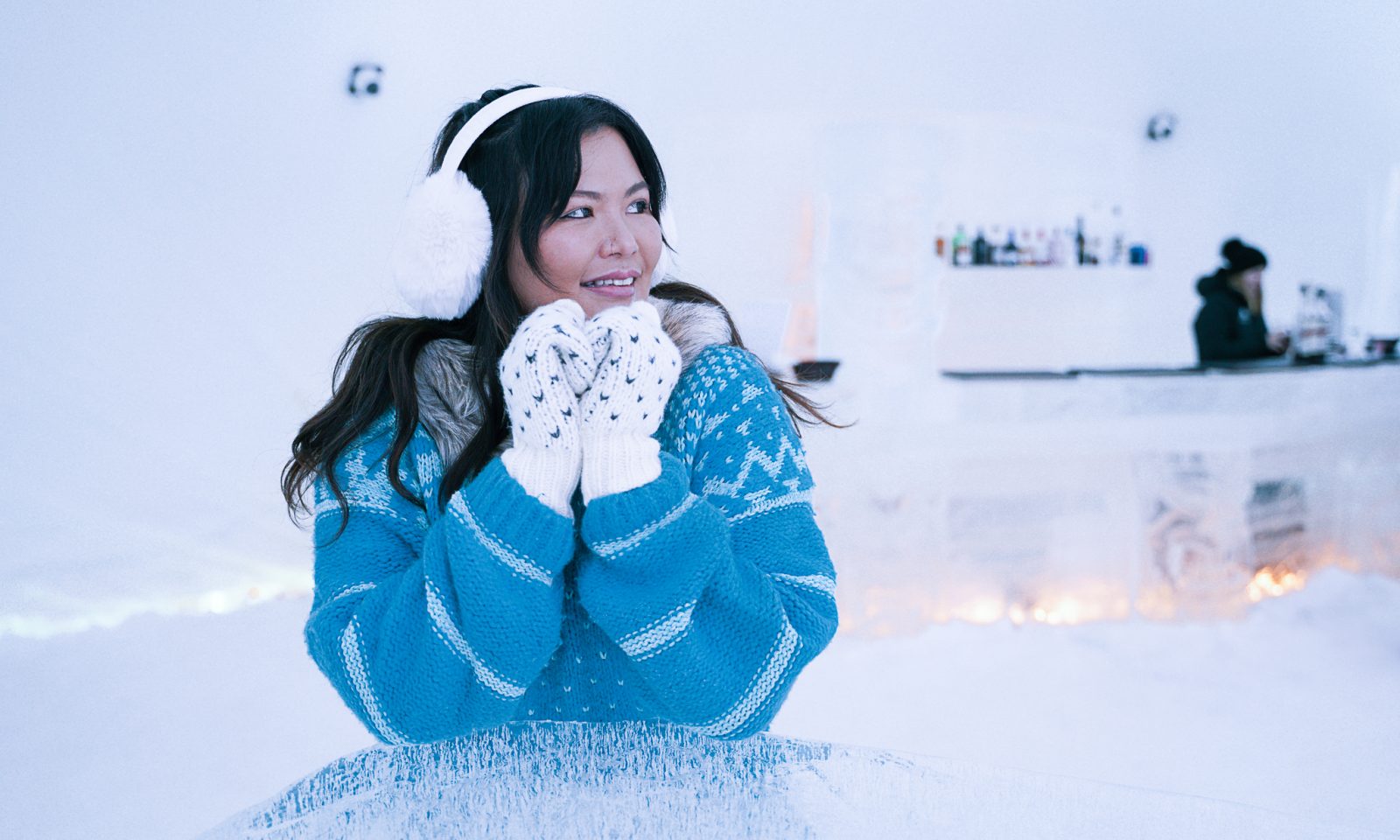 A visitor in the Ice Bar