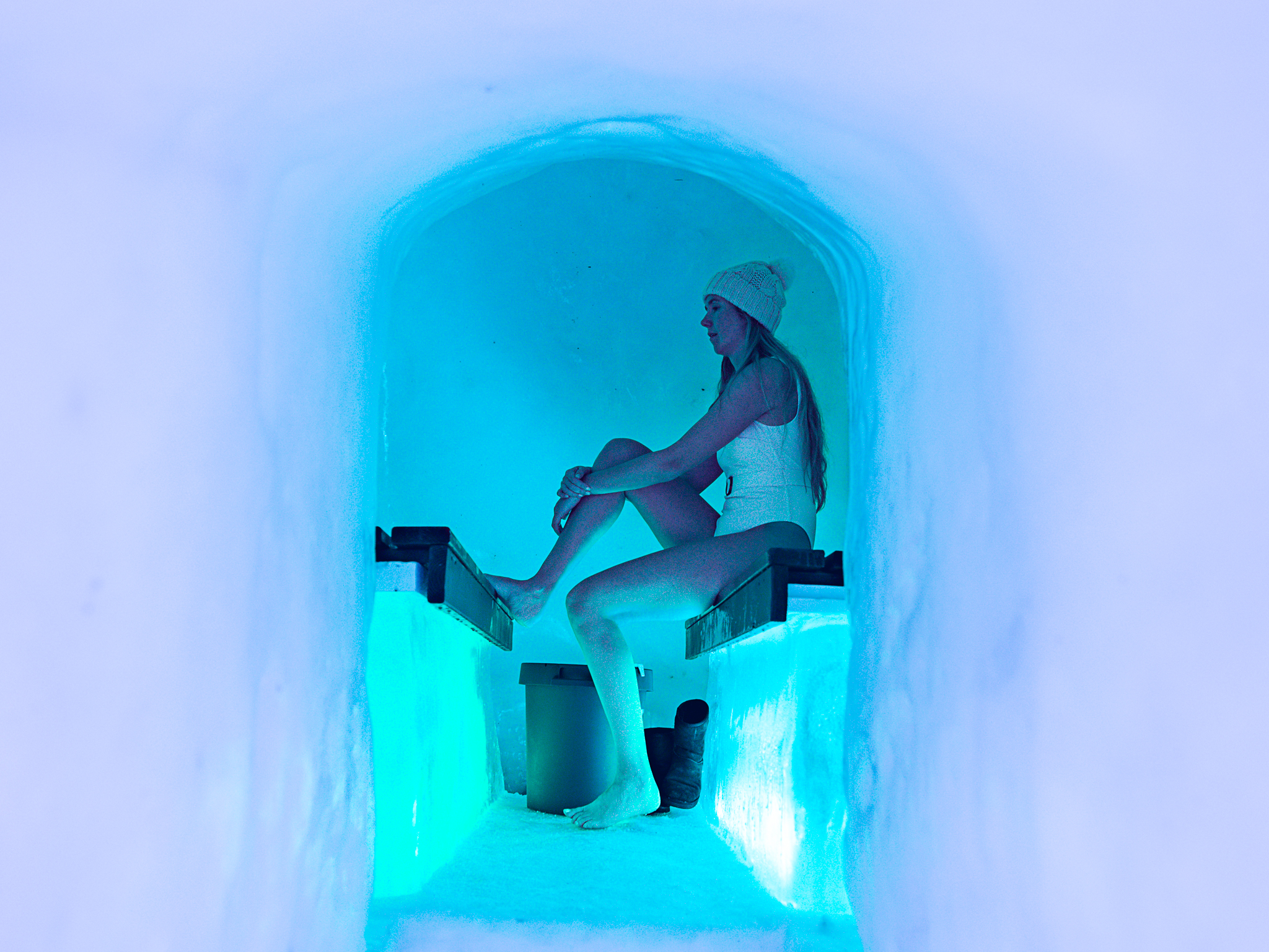 A person in the Snow sauna