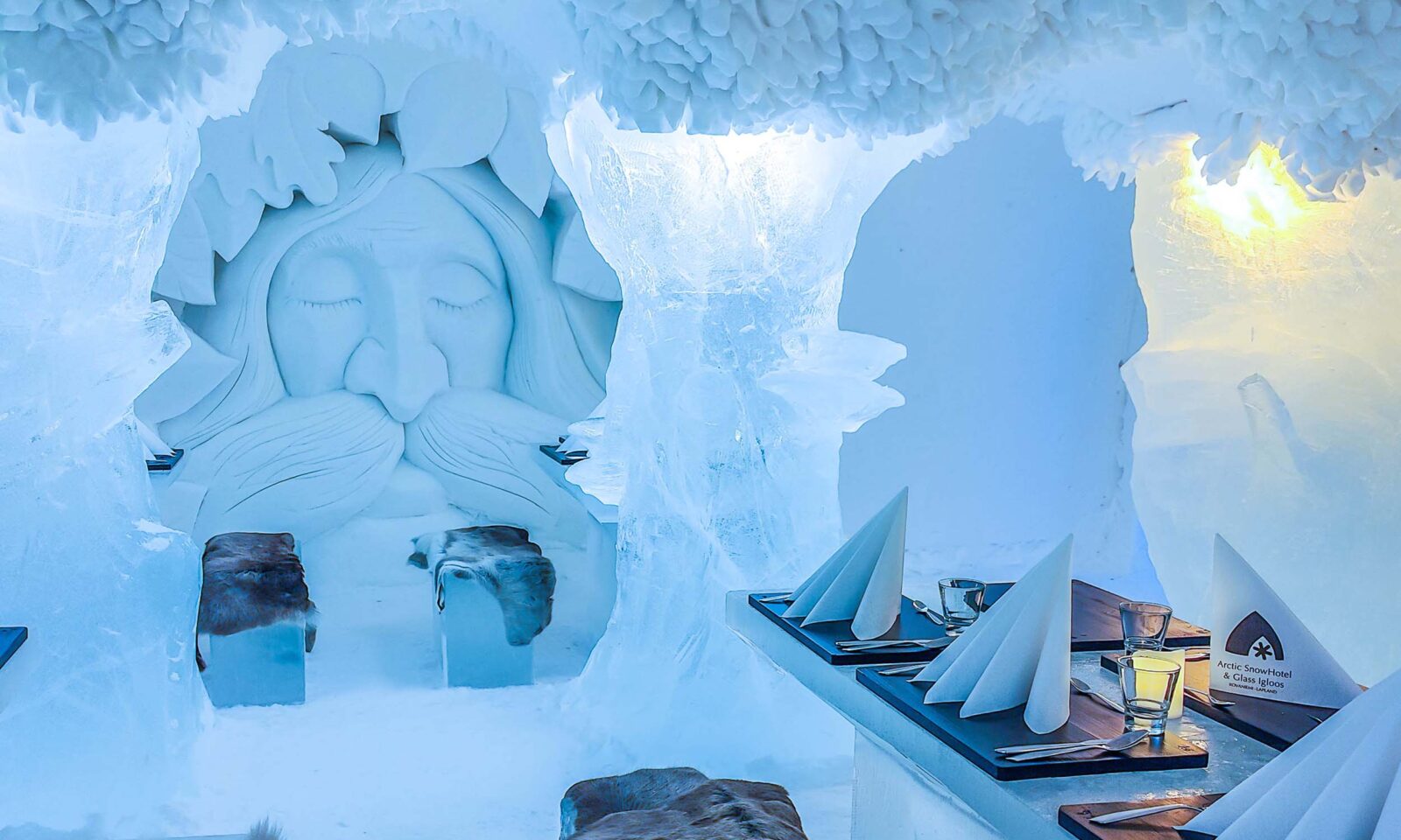 Snow art and ice pillars in the Ice Restaurant